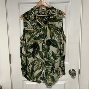 H&M XL Green Leaf Print Sleeveless Blouse